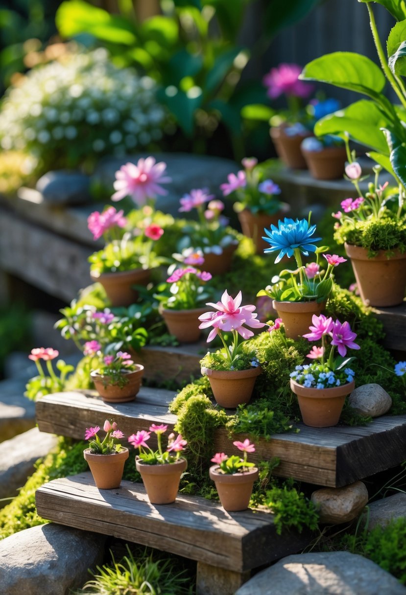 Miniature flower pots with real blooming flowers arranged outdoors in a garden setting surrounded by plants and natural elements.