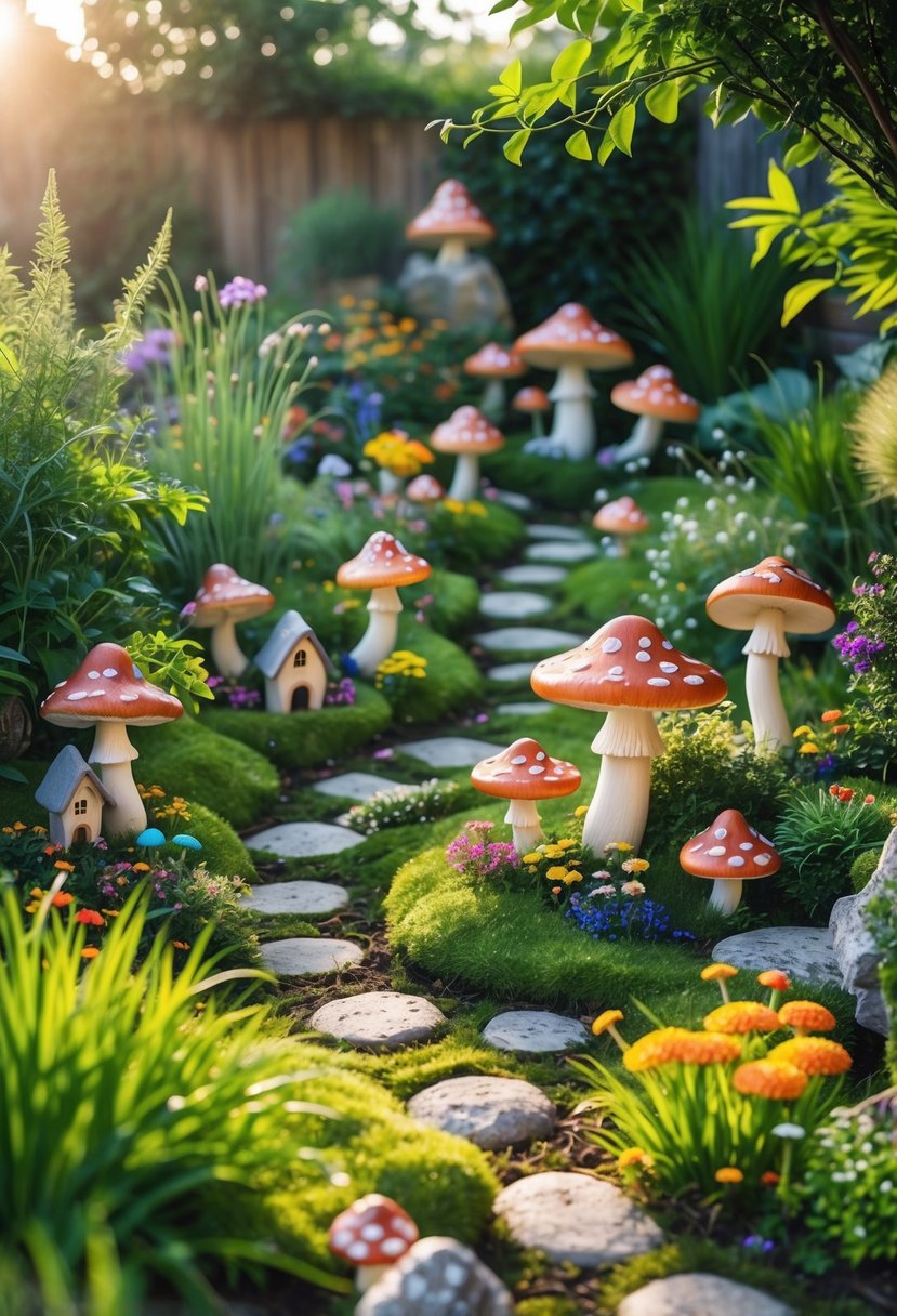 A large outdoor garden with mushroom-shaped ornaments among flowers, greenery, and small fairy houses.