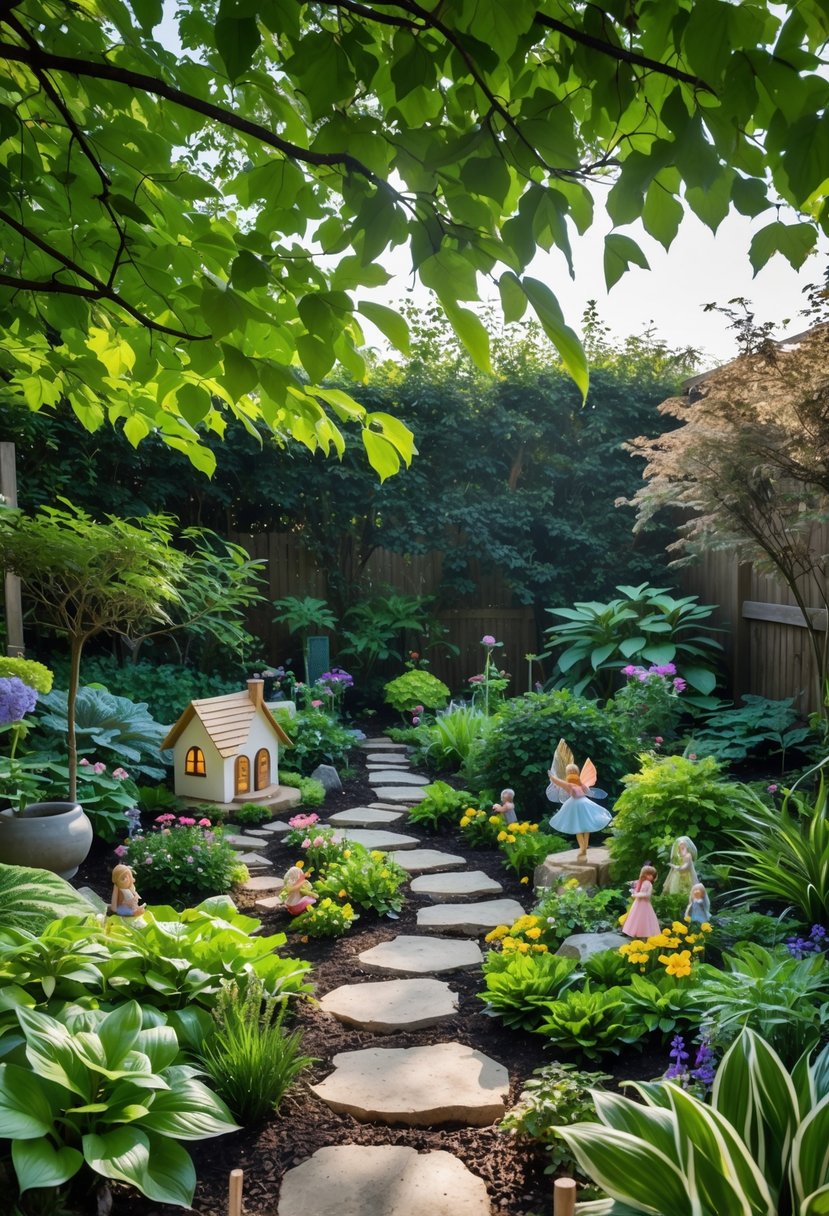 A large outdoor fairy garden under tree shade with miniature houses, pathways, and green plants in a bright garden setting.