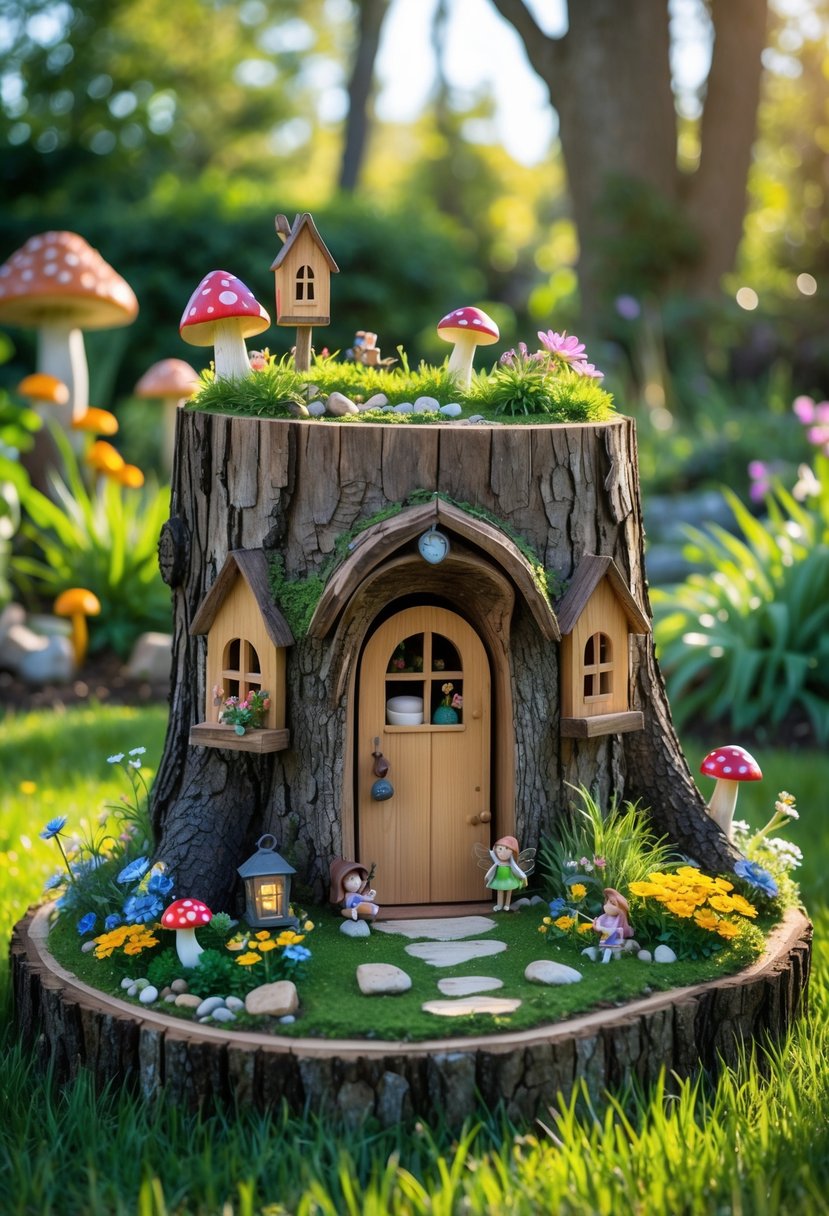 A large tree stump in a garden decorated as a fairy house with small doors, windows, flowers, and tiny garden decorations.