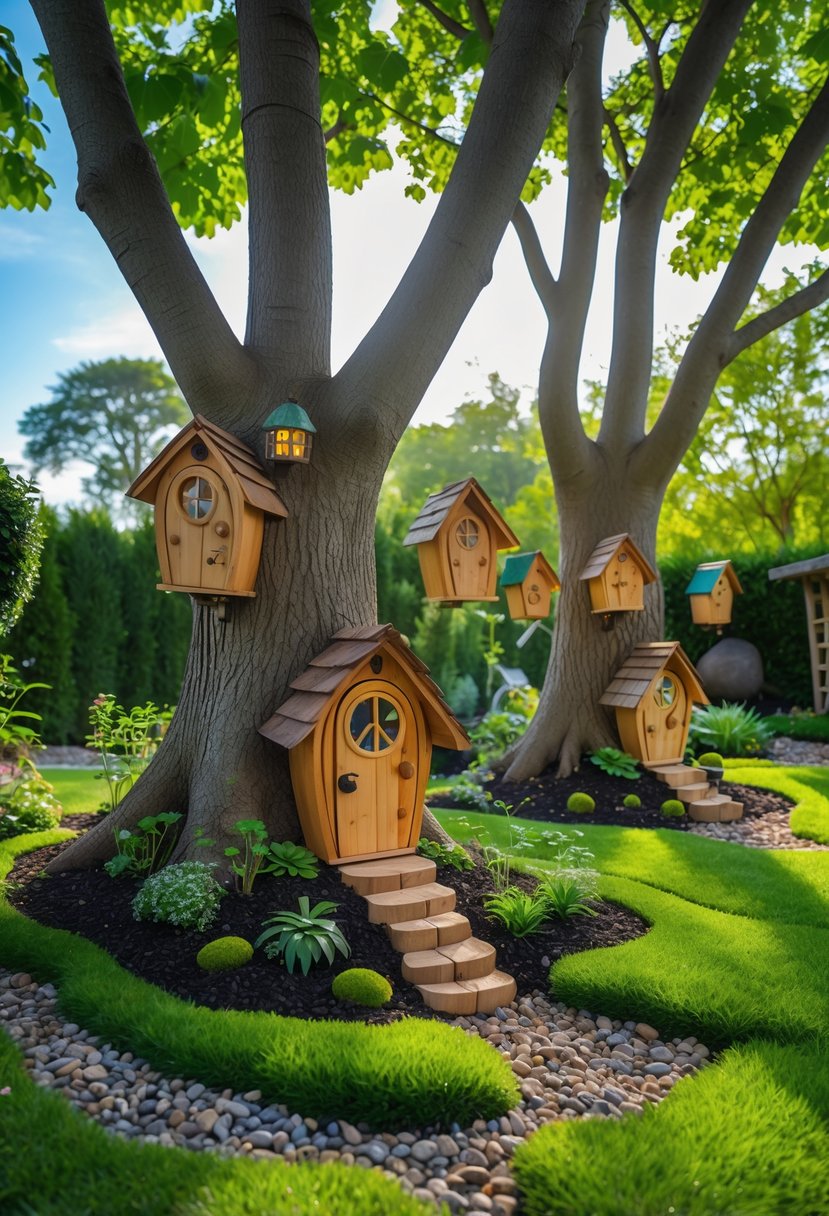 A large outdoor garden with mature trees featuring small decorative fairy doors at their bases, surrounded by plants and grass.