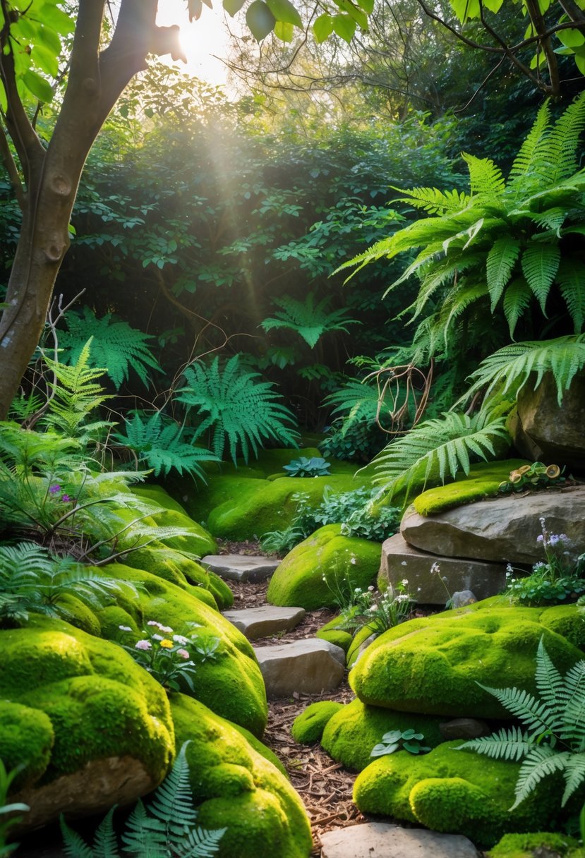 A large outdoor fairy garden with lush green moss and various ferns creating a dense forest-like scene.
