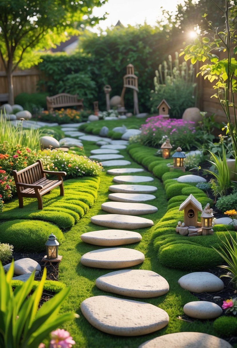 A winding stone pathway meanders through a lush garden with green grass, colorful flowers, small fairy houses, and decorative elements under natural sunlight.