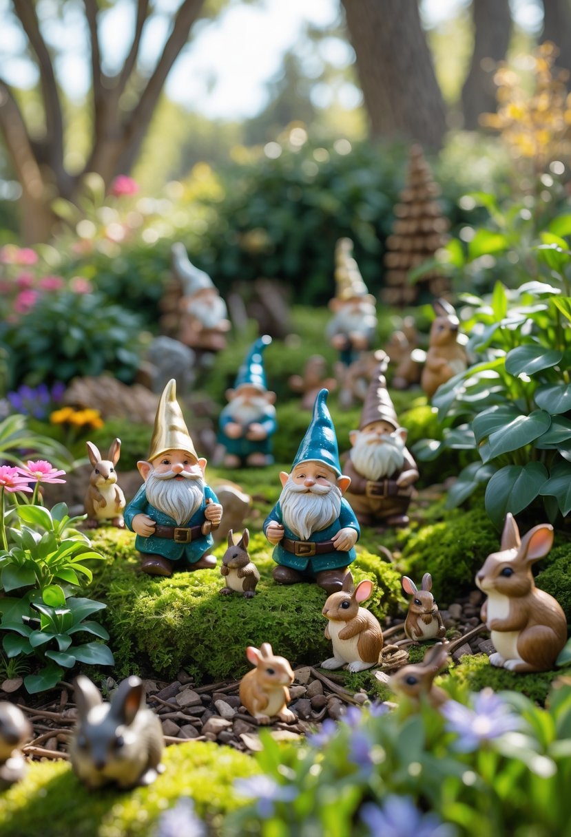 A large outdoor fairy garden with tiny metal and ceramic gnomes surrounded by woodland animals and lush greenery.