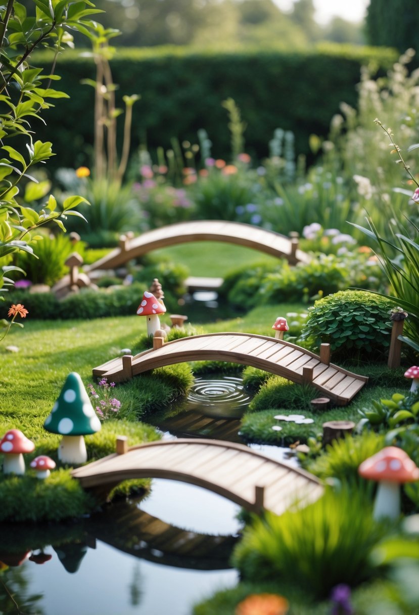 A large outdoor fairy garden with small wooden bridges over mini ponds surrounded by plants and miniature fairy decorations.