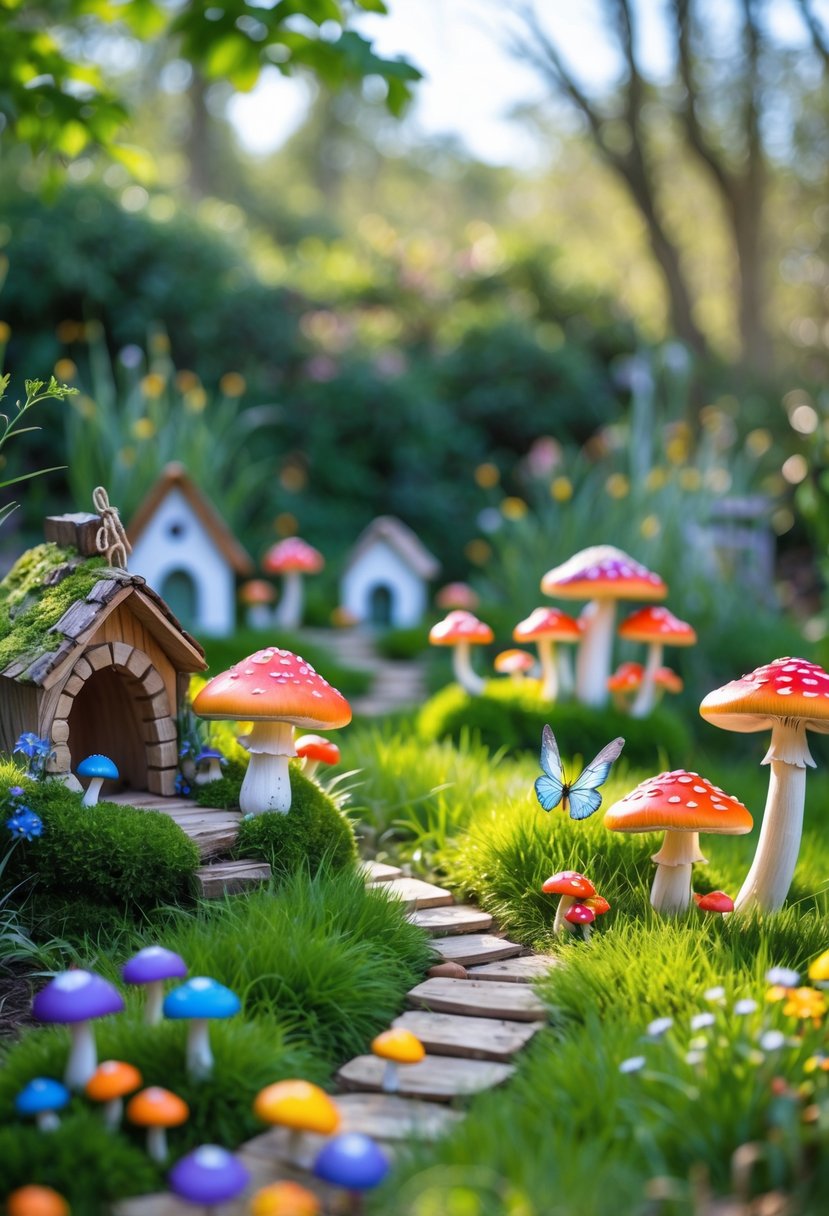A large outdoor garden with colorful mushrooms and small fairy garden decorations surrounded by green plants.