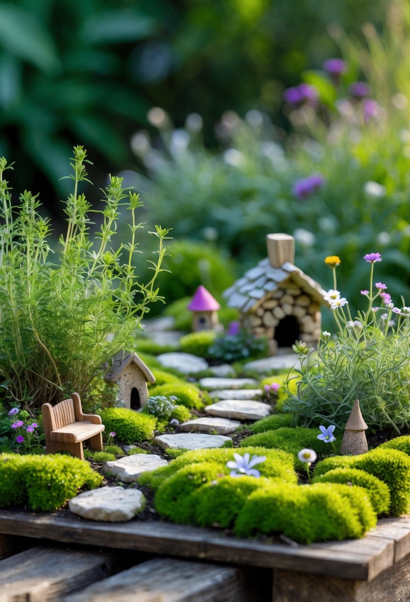 A small outdoor fairy garden with low-growing herbs like thyme and moss, miniature fairy houses, and tiny garden accessories.