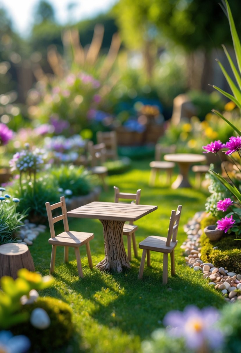 A miniature outdoor garden scene with tiny wooden furniture surrounded by flowers and plants.