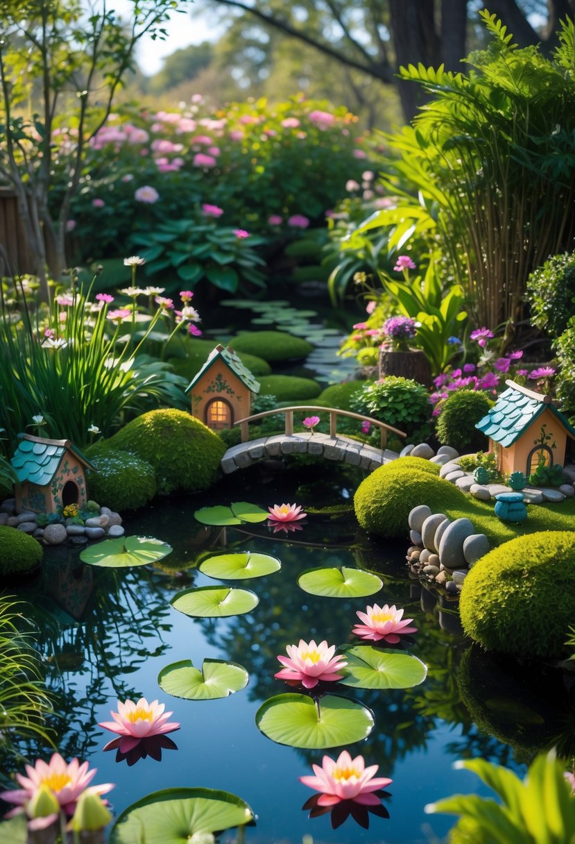 A peaceful garden pond with floating water lilies surrounded by plants and small fairy garden decorations.