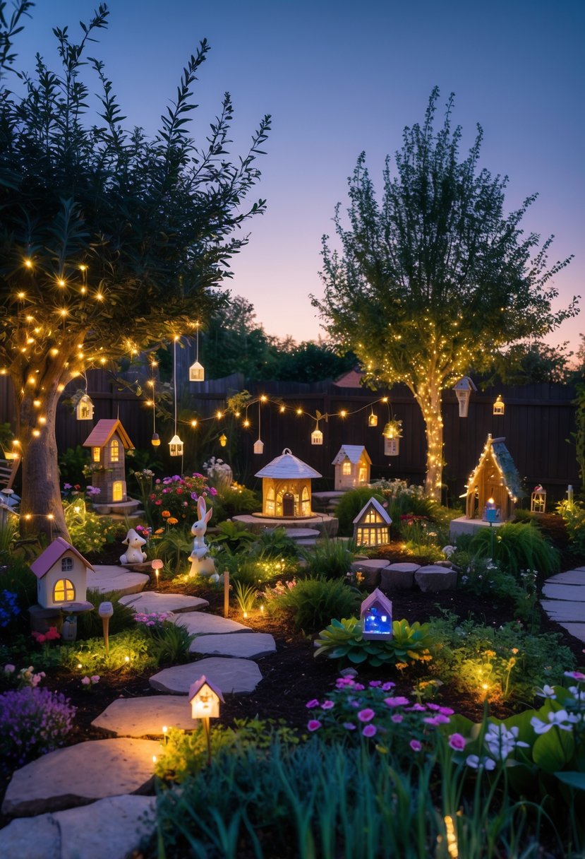 A large outdoor garden with plants, flowers, miniature houses, and solar-powered fairy lights glowing softly in the evening.