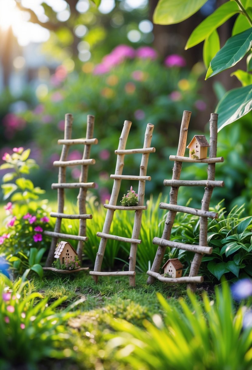 A small outdoor fairy garden with miniature twig ladders leaning against plants and tiny fairy houses surrounded by grass and flowers.