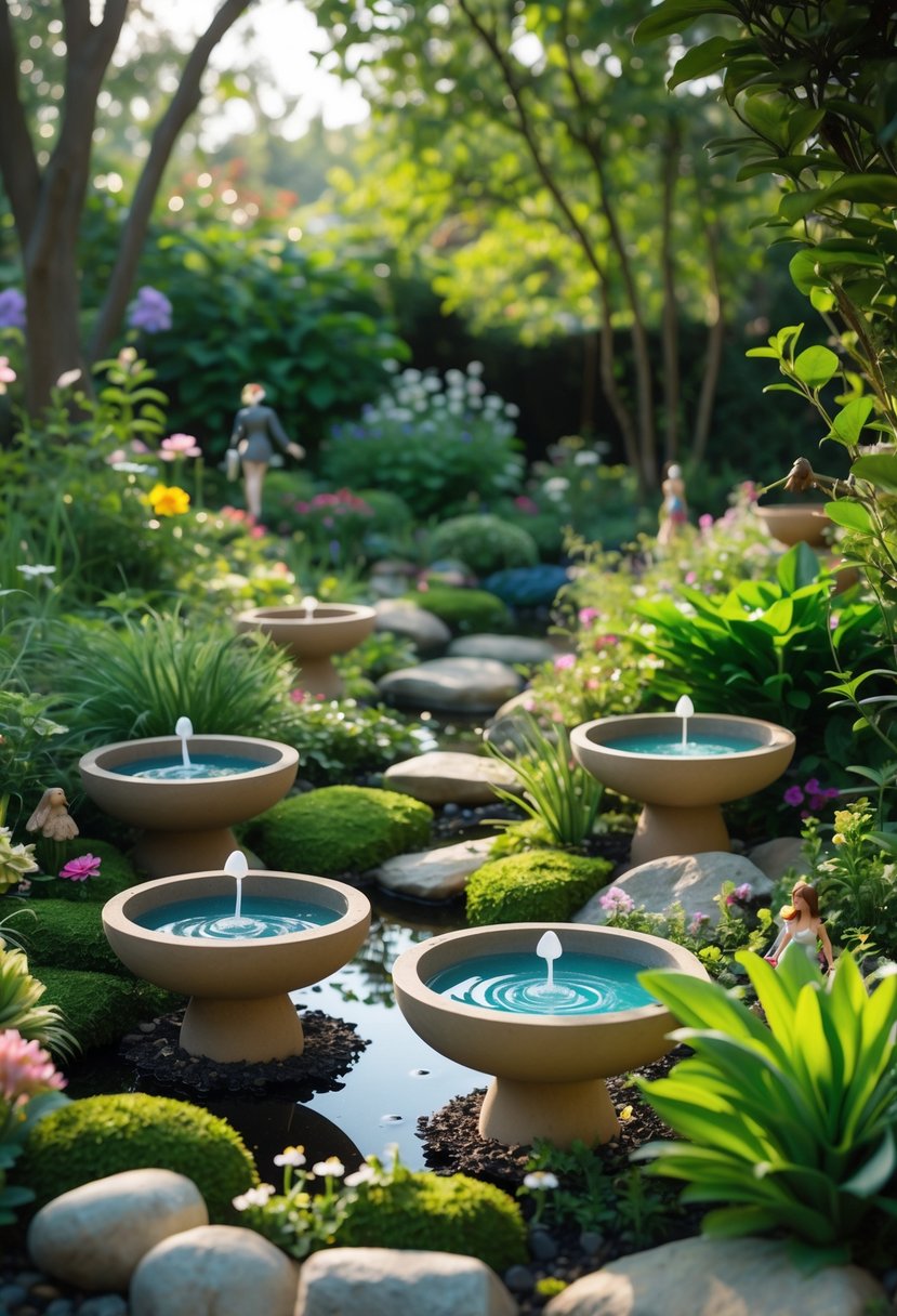 A peaceful outdoor garden with small birdbaths used as water features surrounded by plants and flowers.