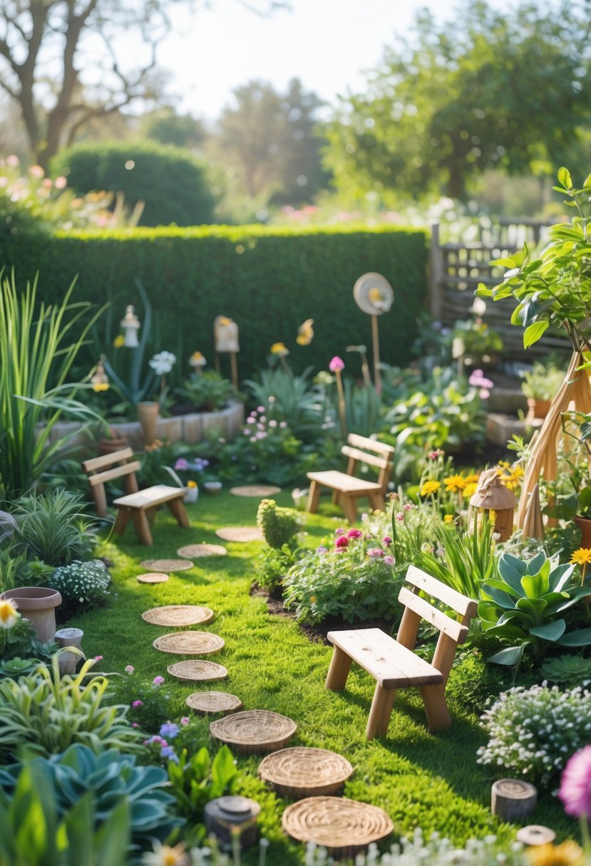A large outdoor garden with tiny wooden benches placed among plants and flowers.