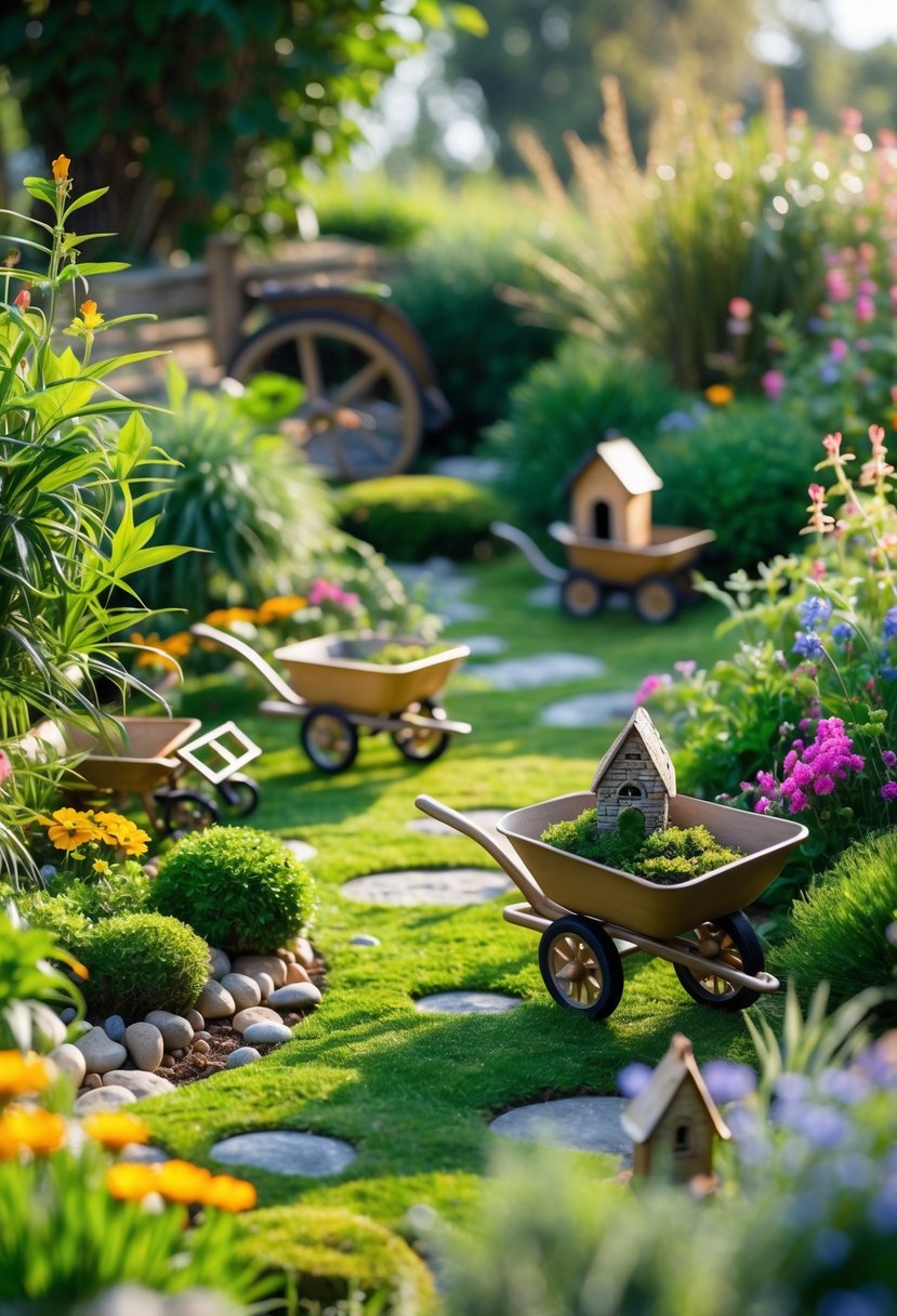 A large outdoor fairy garden with miniature wheelbarrows and small carts surrounded by plants, flowers, moss, stones, and tiny fairy houses.