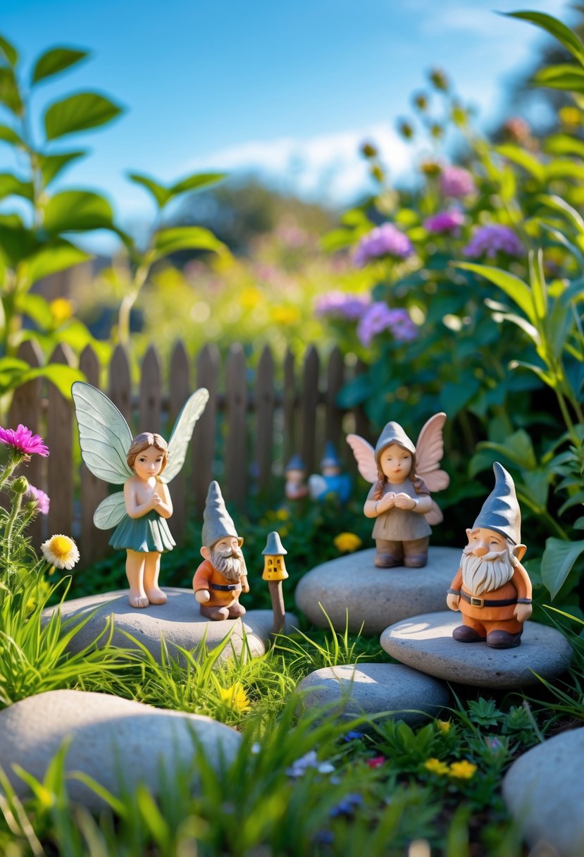 An outdoor garden with small fairy statues and gnome figurines surrounded by green grass and colorful flowers.