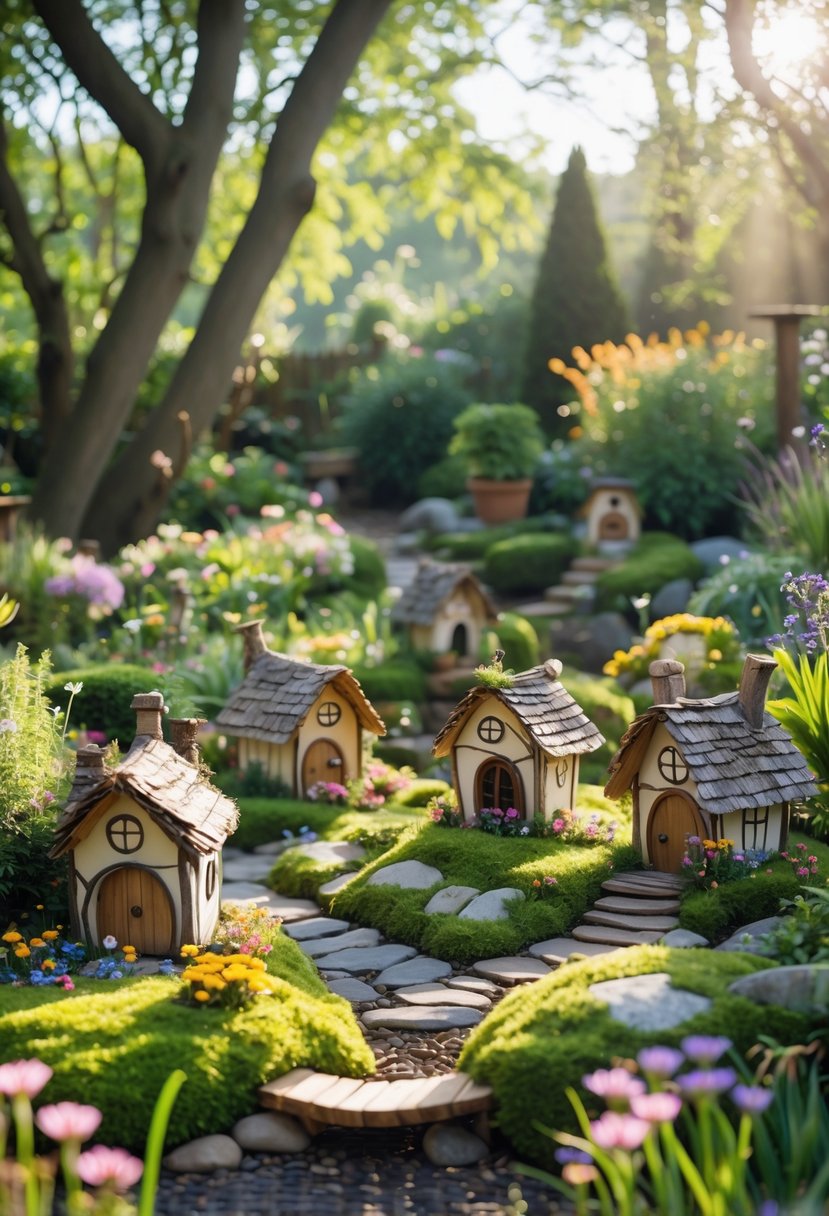 A small fairy village with grouped tiny houses surrounded by plants and flowers in an outdoor garden.
