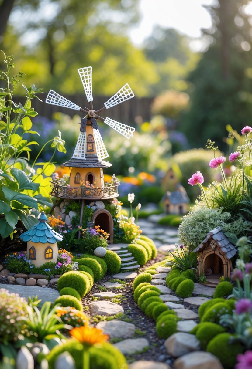 A large outdoor fairy garden with colorful flowers, miniature windmill or carousel, small fairy houses, and winding pathways surrounded by greenery.