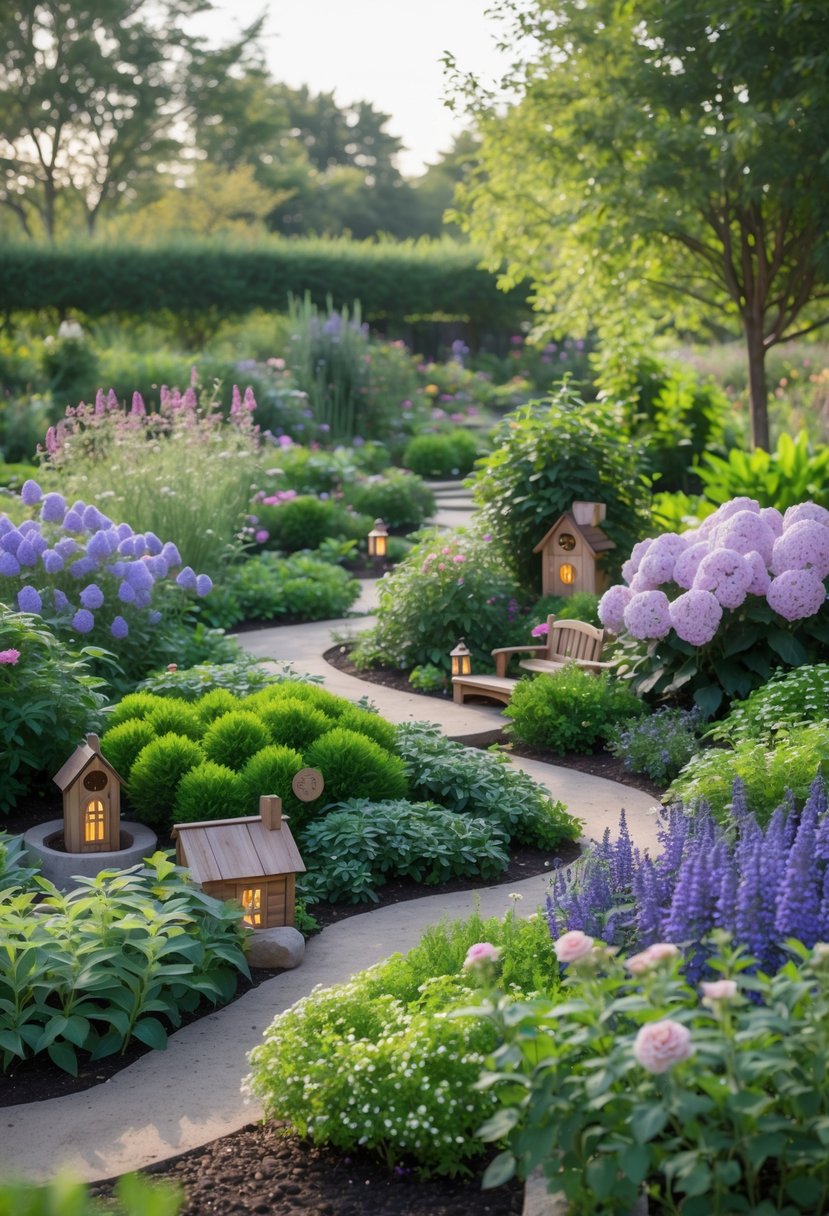 A large outdoor garden with flowering shrubs, small fairy garden decorations, and winding pathways under natural sunlight.