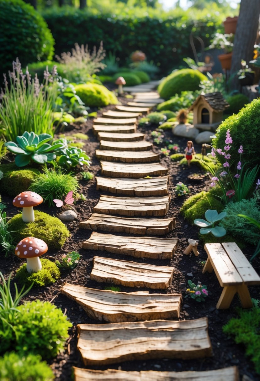 Outdoor garden with walkways made from bark pieces surrounded by plants and miniature fairy garden decorations.