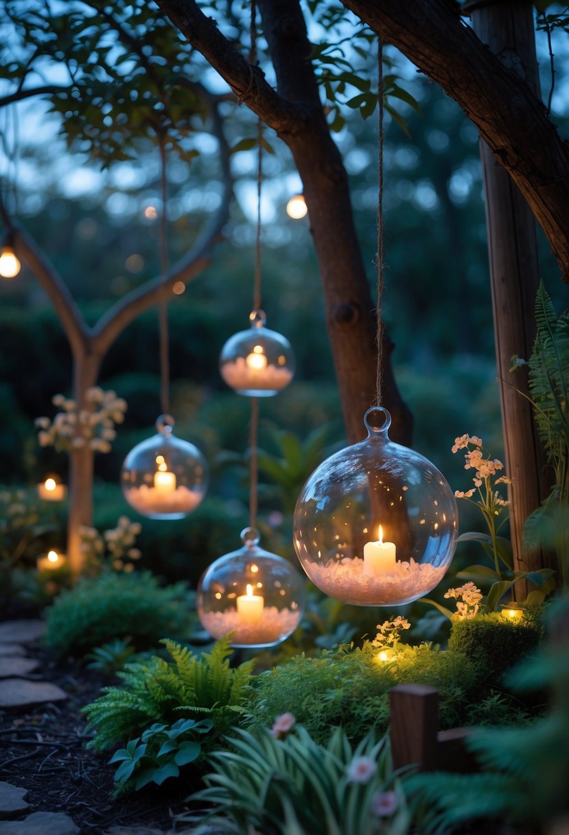 Outdoor garden with large hanging glass terrariums glowing softly among green plants and flowers.