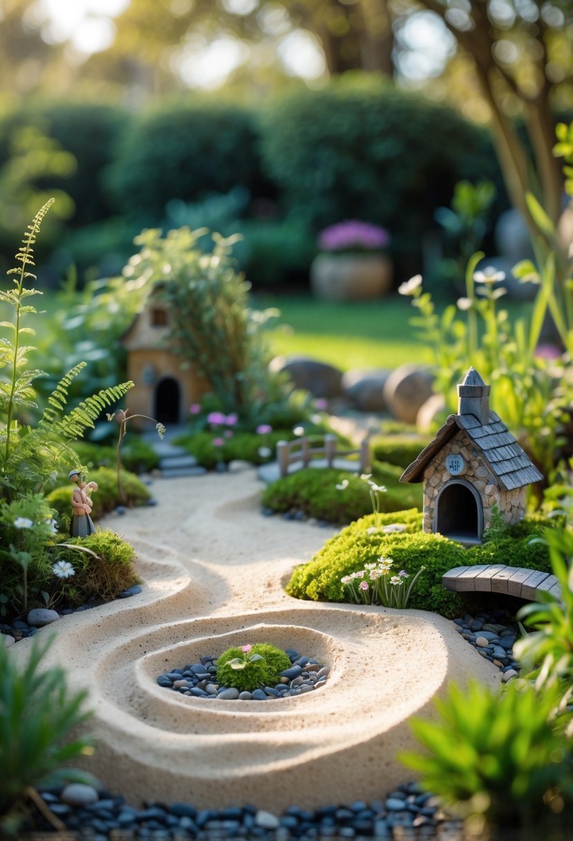 An outdoor fairy garden with miniature houses, small plants, and a textured area of sand and pebbles.