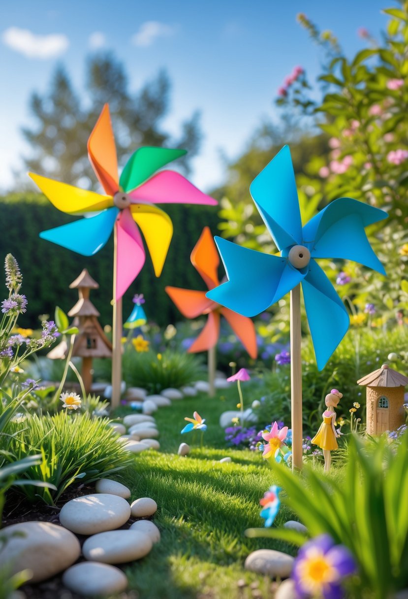 An outdoor fairy garden with large colorful miniature windmills and pinwheels among green grass and flowers.