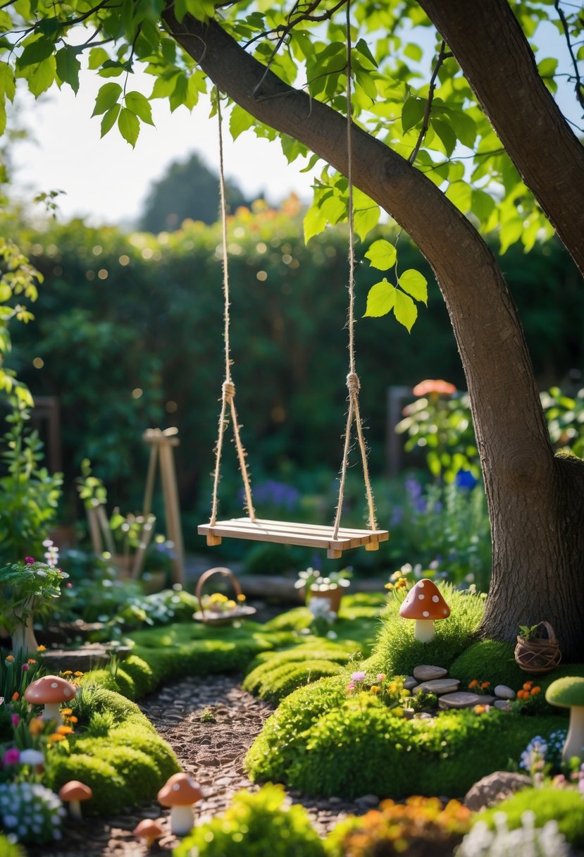 A small swing hanging from a tree branch above a lush garden with flowers, moss, and tiny decorative fairy garden elements.
