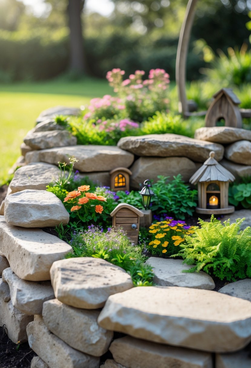 Outdoor garden with low natural stone walls enclosing plants and flowers, featuring small fairy garden decorations.
