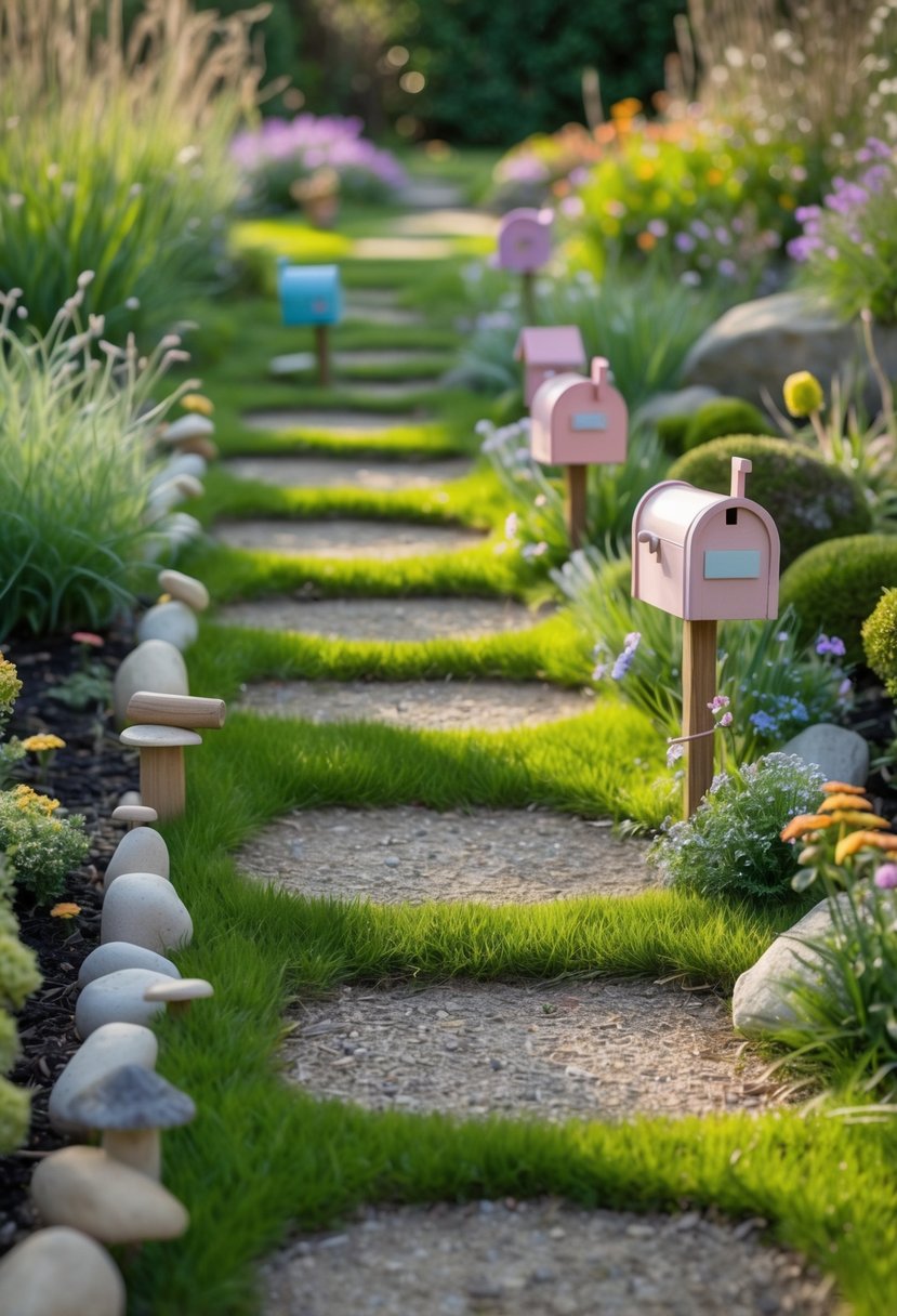 A peaceful outdoor garden path with small fairy mailboxes placed along the edges surrounded by green plants and flowers.