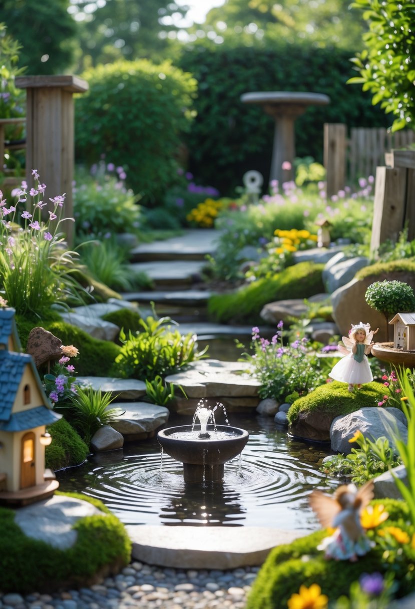 A large outdoor garden with small water fountains, greenery, flowers, and fairy-themed decorations.