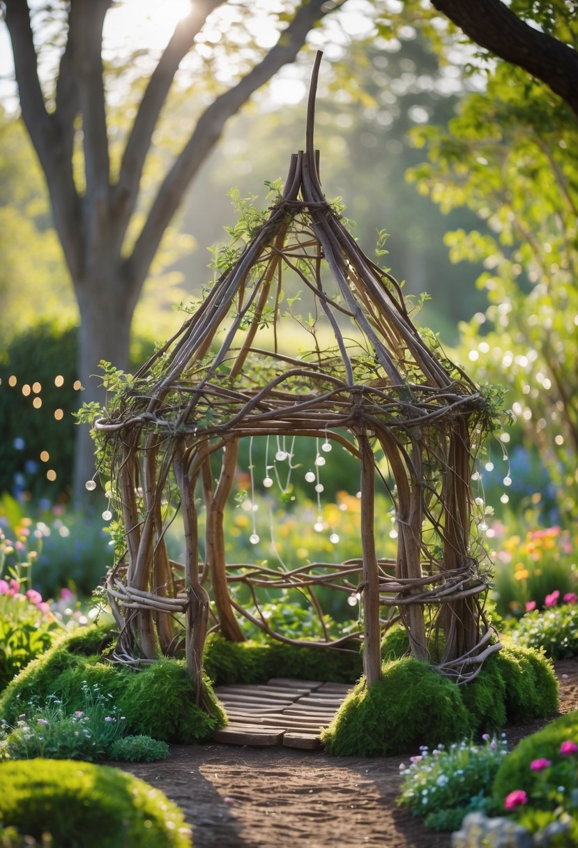 A fairy gazebo made of twigs and vines in a garden surrounded by flowers and greenery.