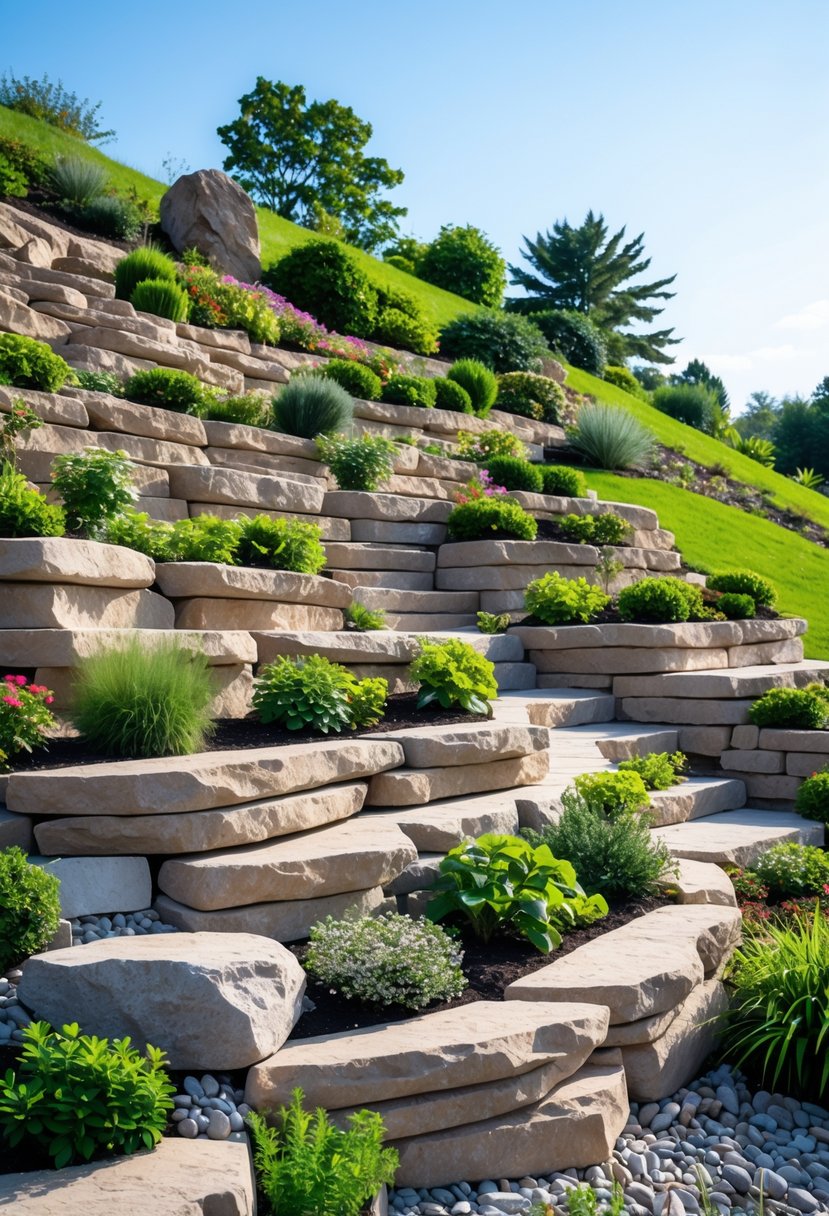 A tiered rock terrace garden on a slope with stacked stones and green plants controlling soil erosion.
