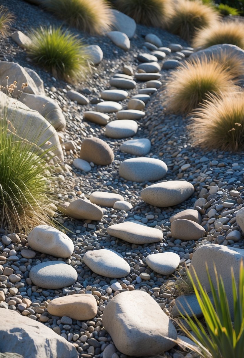 A dry creek bed with river rocks arranged on a gentle slope surrounded by drought-tolerant plants and grasses.
