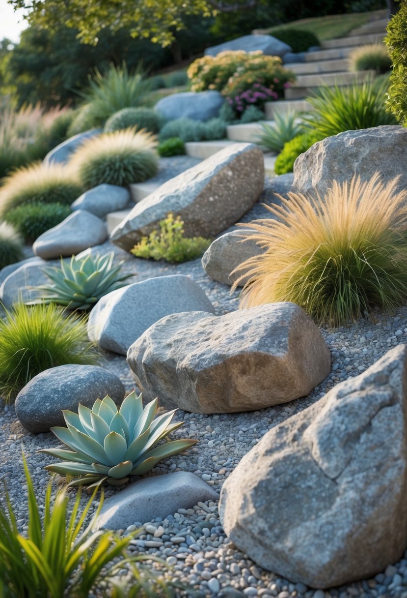 A rock garden on a gentle slope with large boulders surrounded by smaller rocks and various plants.