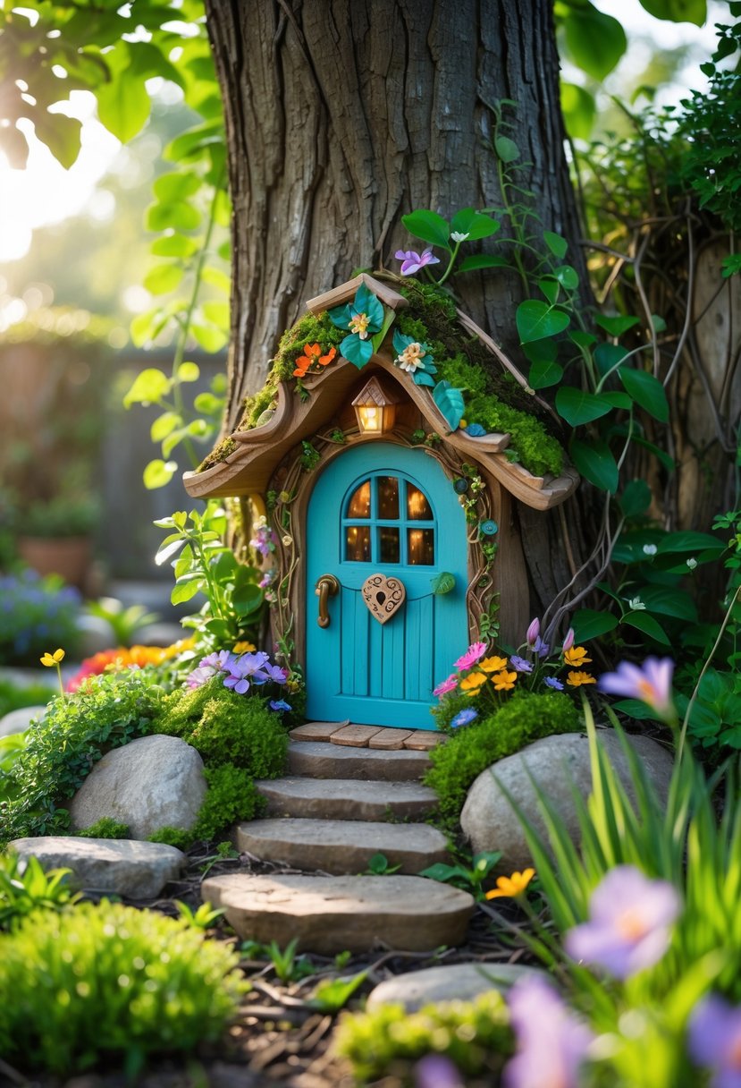 A small decorative fairy door set into the base of a tree trunk surrounded by flowers, moss, and garden plants.