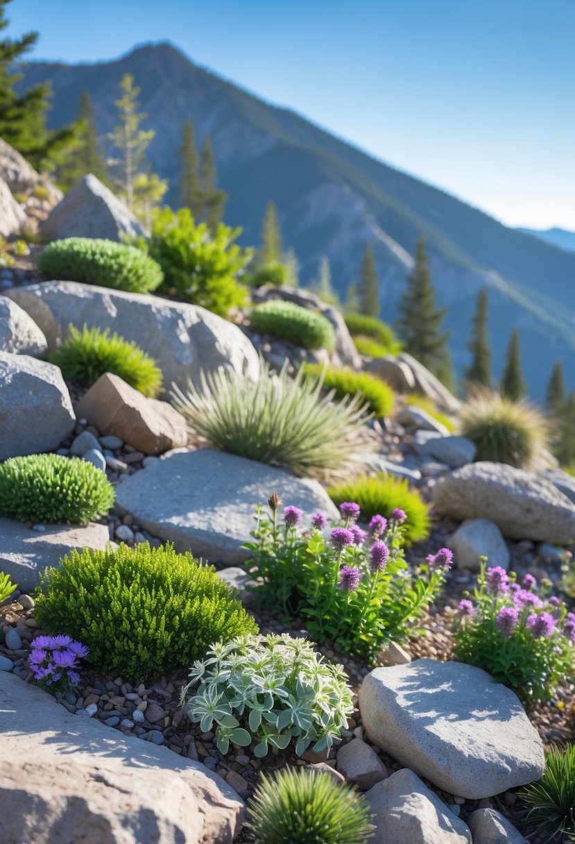 A rock garden on a gentle slope with alpine plants, natural stones, and distant mountain peaks under a clear sky.