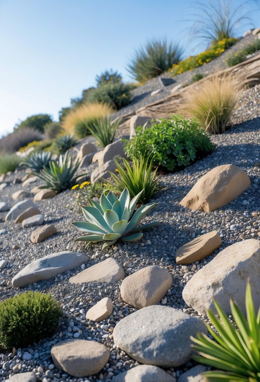 A rock garden on a gentle slope covered with gravel mulch and drought-tolerant plants.