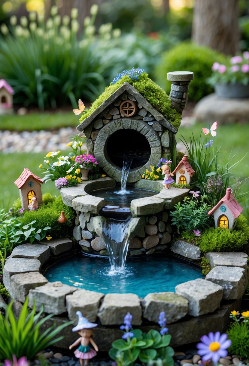 A large outdoor fairy garden with a tiny stone well or fountain surrounded by plants, flowers, and miniature fairy houses.
