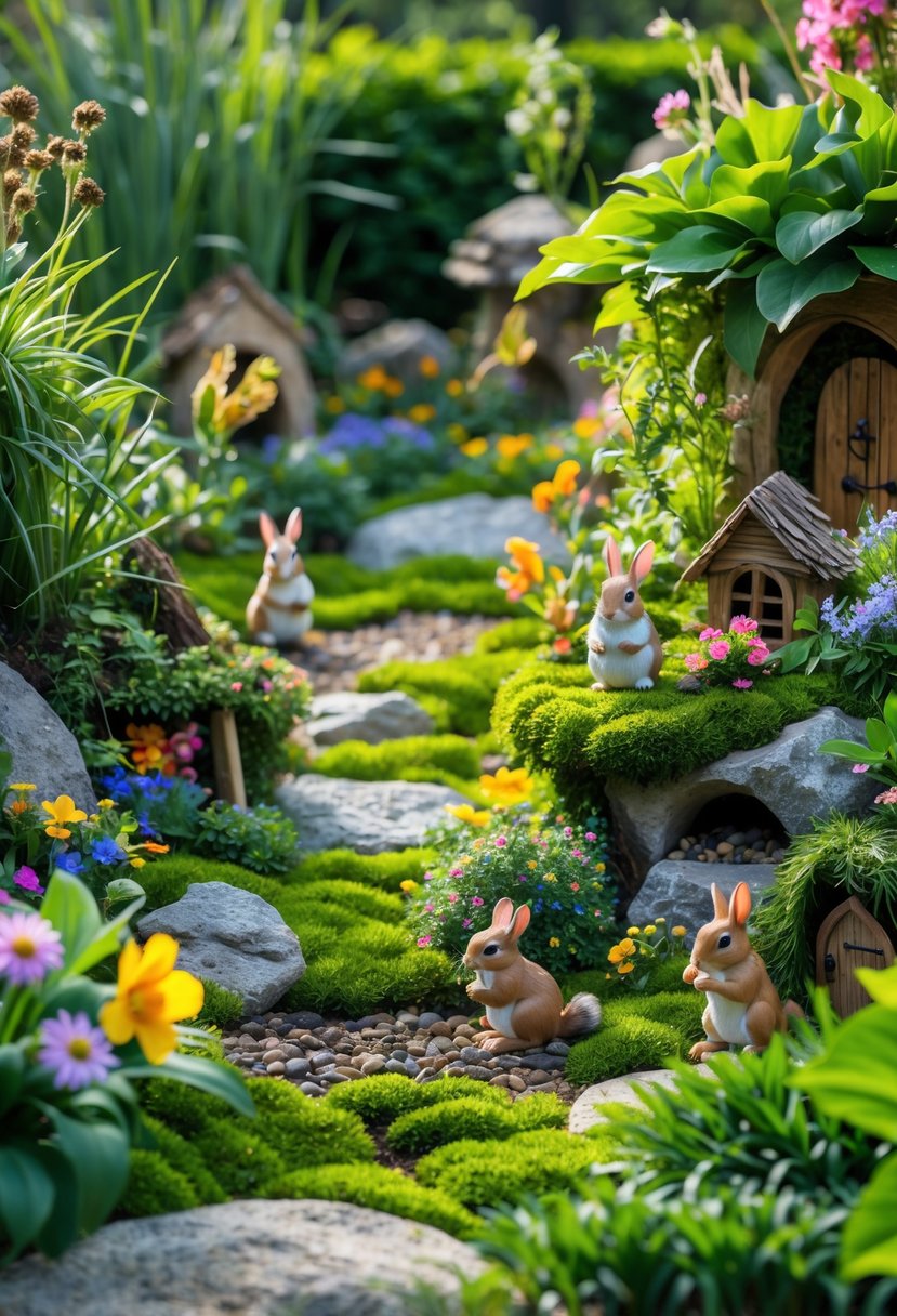 A large outdoor fairy garden with miniature rabbit and squirrel figurines placed among plants, flowers, and natural decorations.