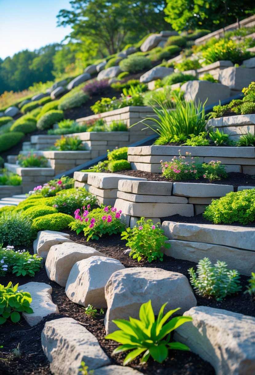 Terraced rock garden beds on a sloped hillside with stone retaining walls and various green plants and flowers.