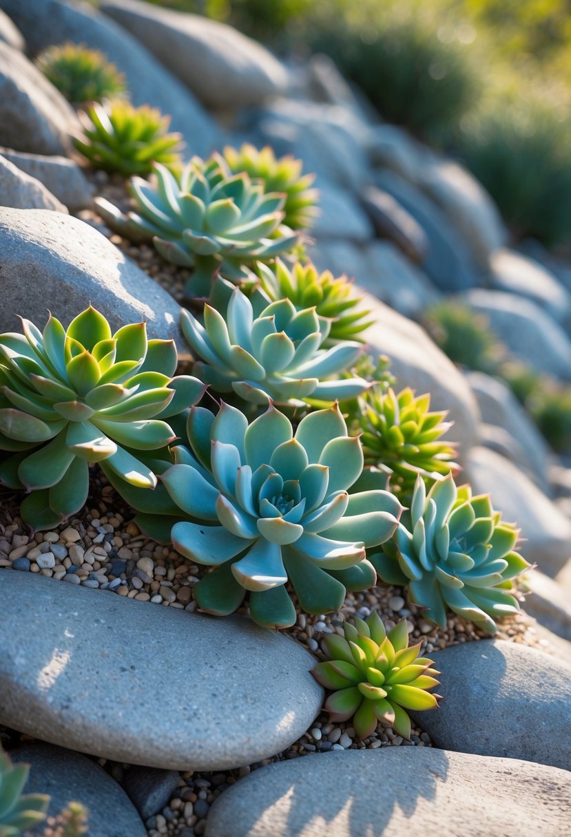 Clusters of succulent plants growing between flat stones on a sloped rock garden.