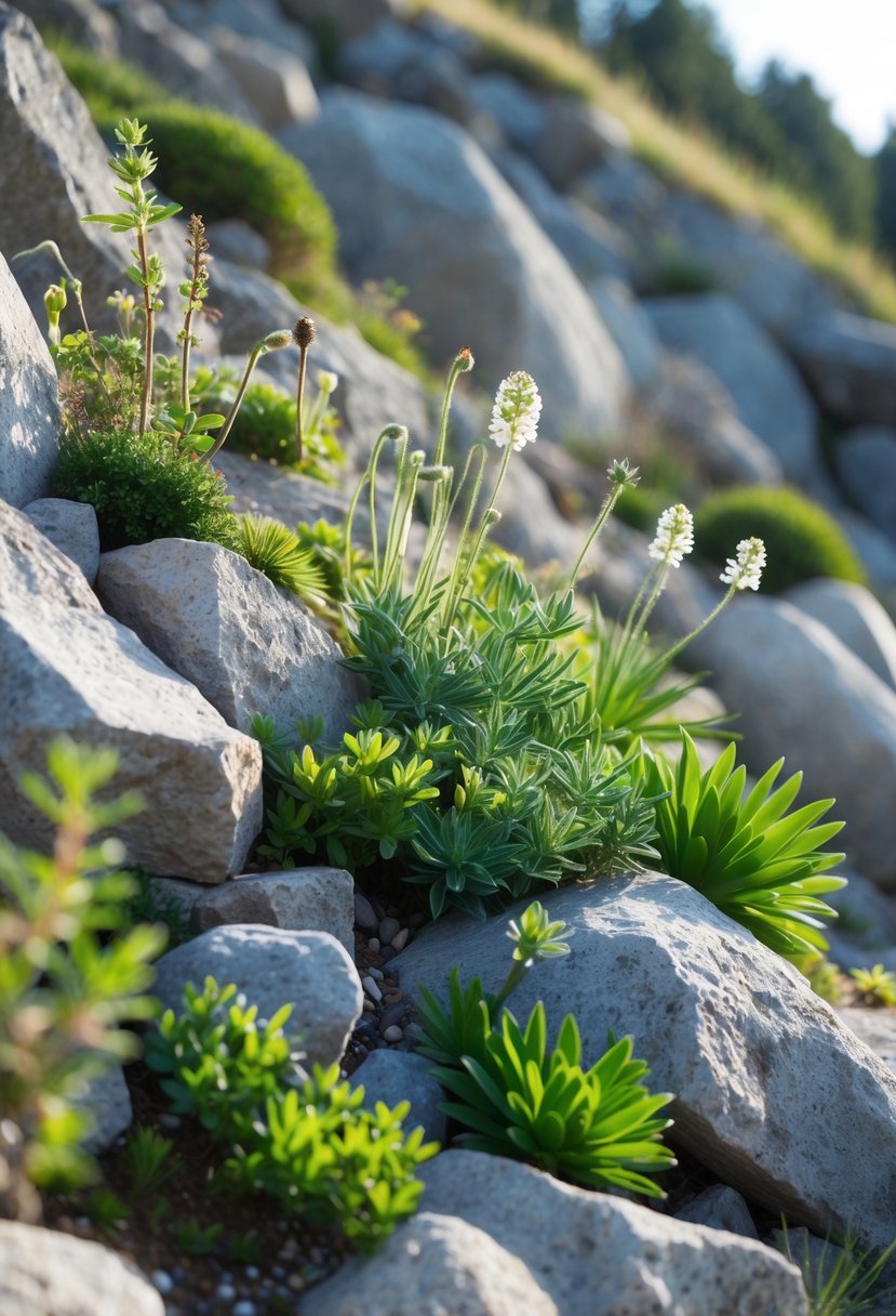 Alpine plants growing in crevices among rocks on a sloping hillside.