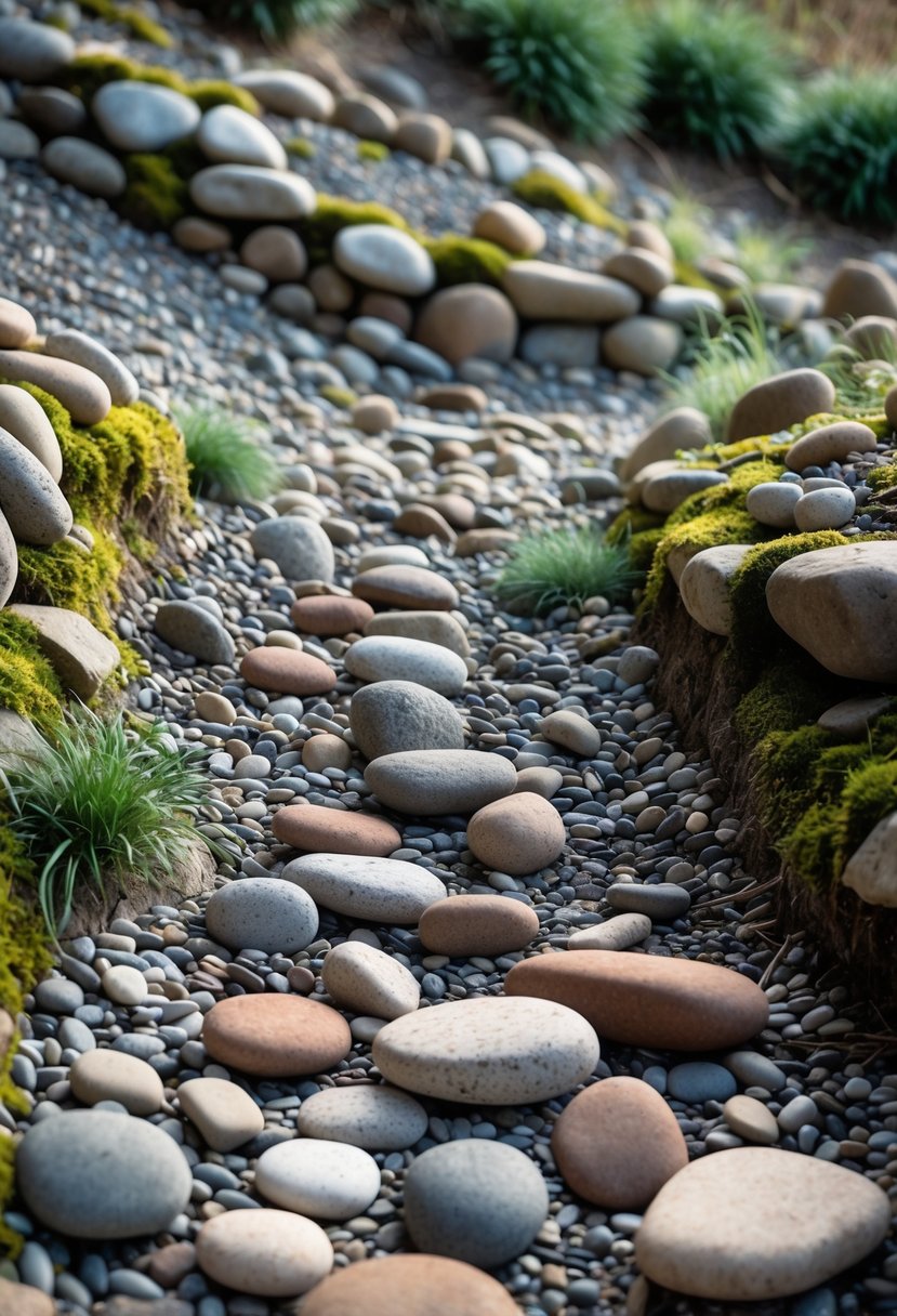 A dry stream bed on a slope filled with smooth river rocks and surrounded by green plants.