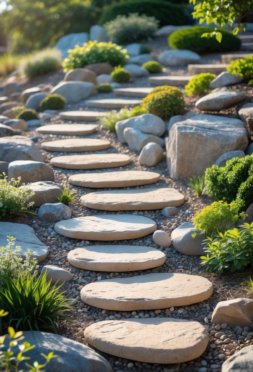 A stepping stone path winding through a rock garden on a gentle slope surrounded by rocks and greenery.