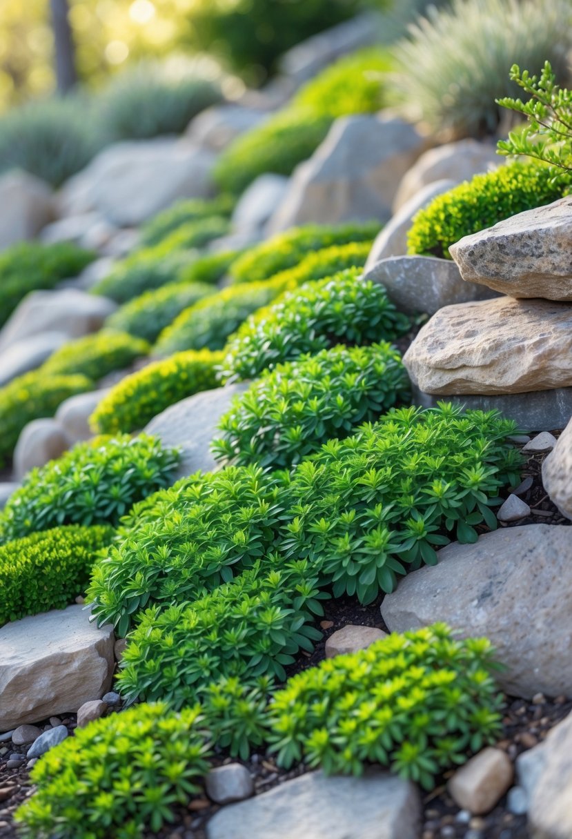 A sloped rock garden covered with green sedum plants and various natural rocks.