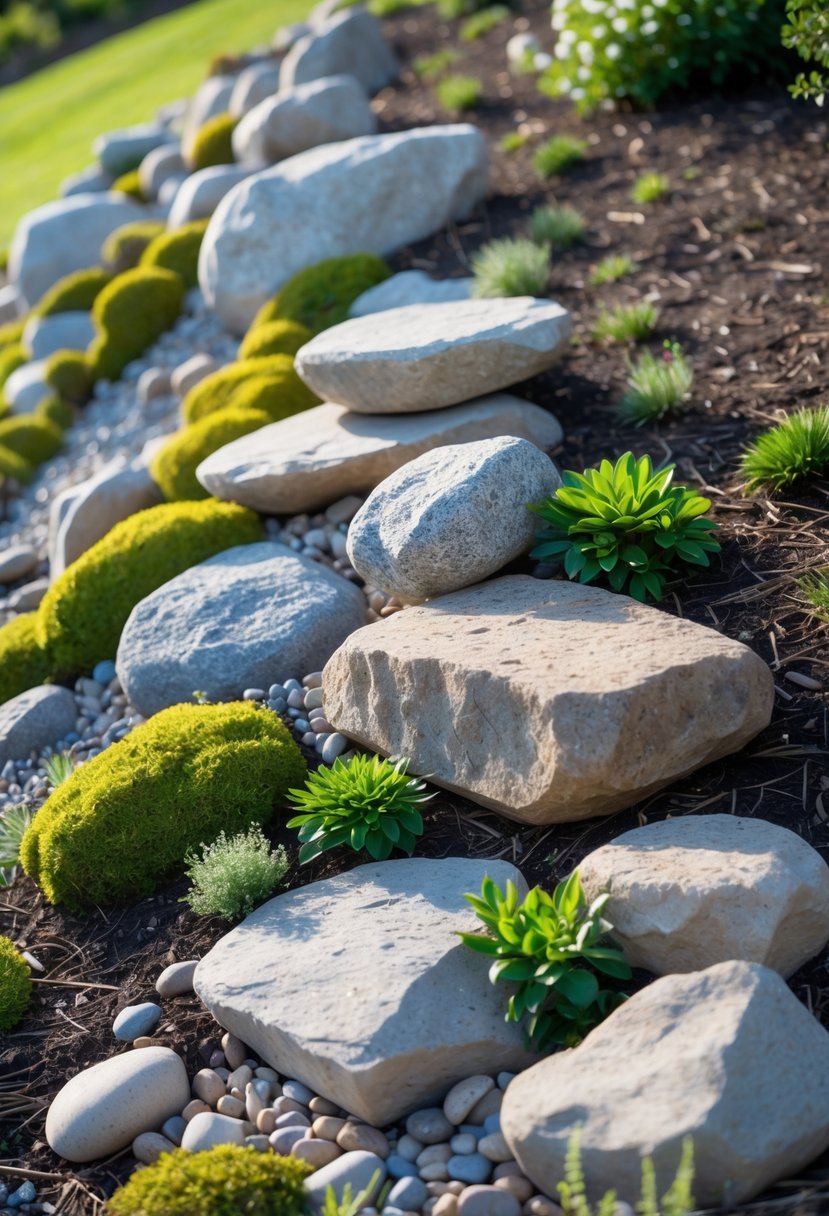 A rock garden on a gentle slope with a mix of large, medium, and small rocks surrounded by green plants and moss.