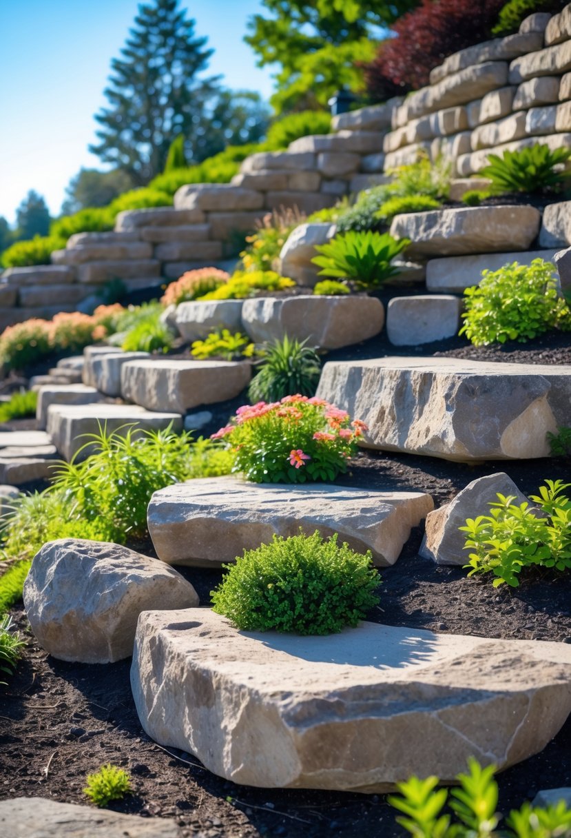 A rock garden on a slope with stone retaining walls and various plants growing among the rocks.