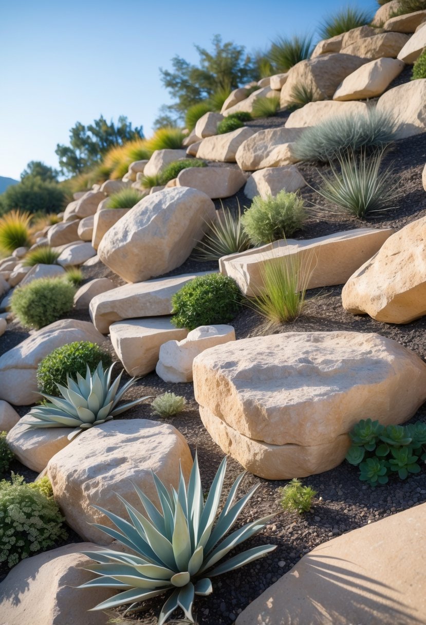 A sloped rock garden with large natural sandstone boulders and drought-tolerant plants arranged between them.