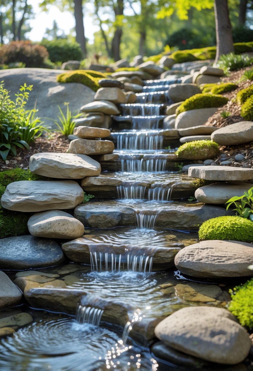 A small waterfall flowing over stacked stones in a rock garden on a slope with green plants around.