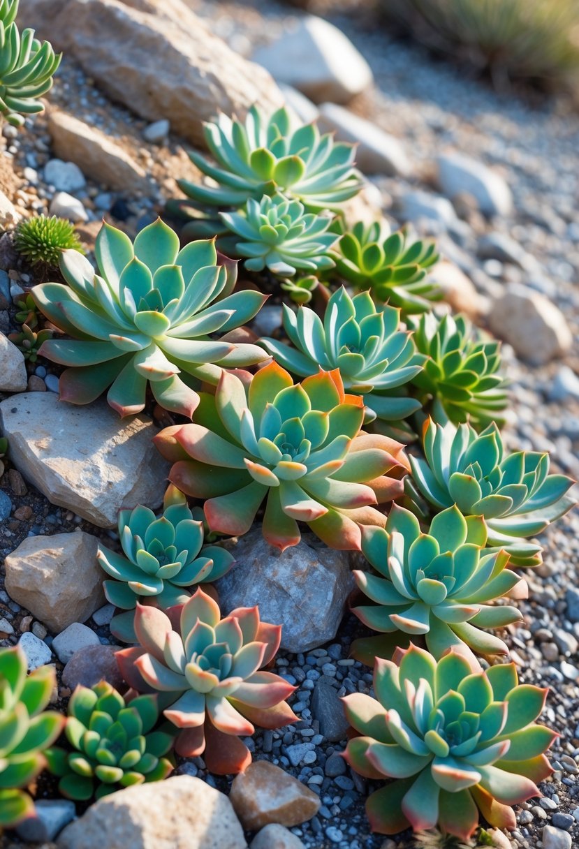 A slope covered with drought-tolerant succulents like hens and chicks growing among rocks in a dry garden.